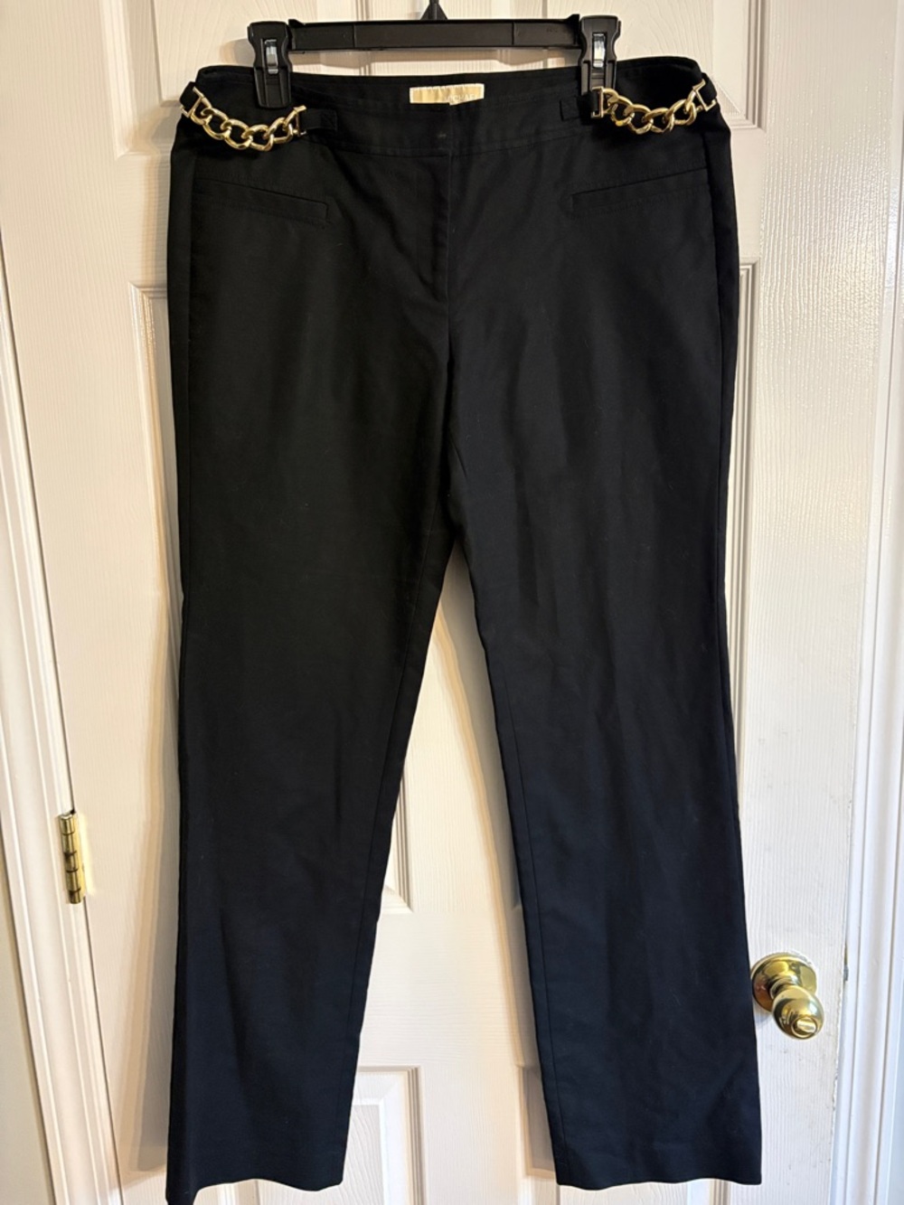 Michael Kors Black Straight-Leg Pants with Gold Chain Accent